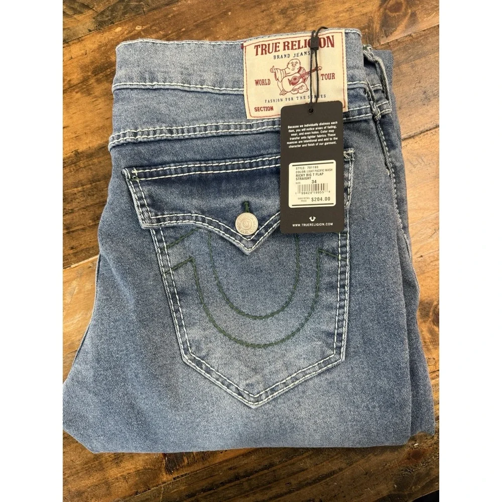 True Religion Ricky Big T Flap Straight Jeans Size 34 NWT Light Blue Summer